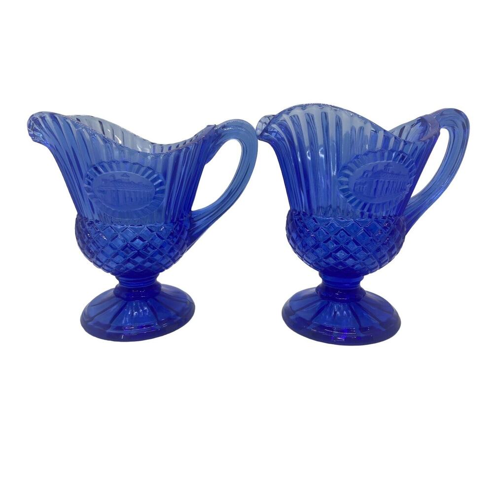 2 Vintage Avon Fostoria Creamer 1976 Cobalt Blue Small Pitcher Mt. Vernon Glass